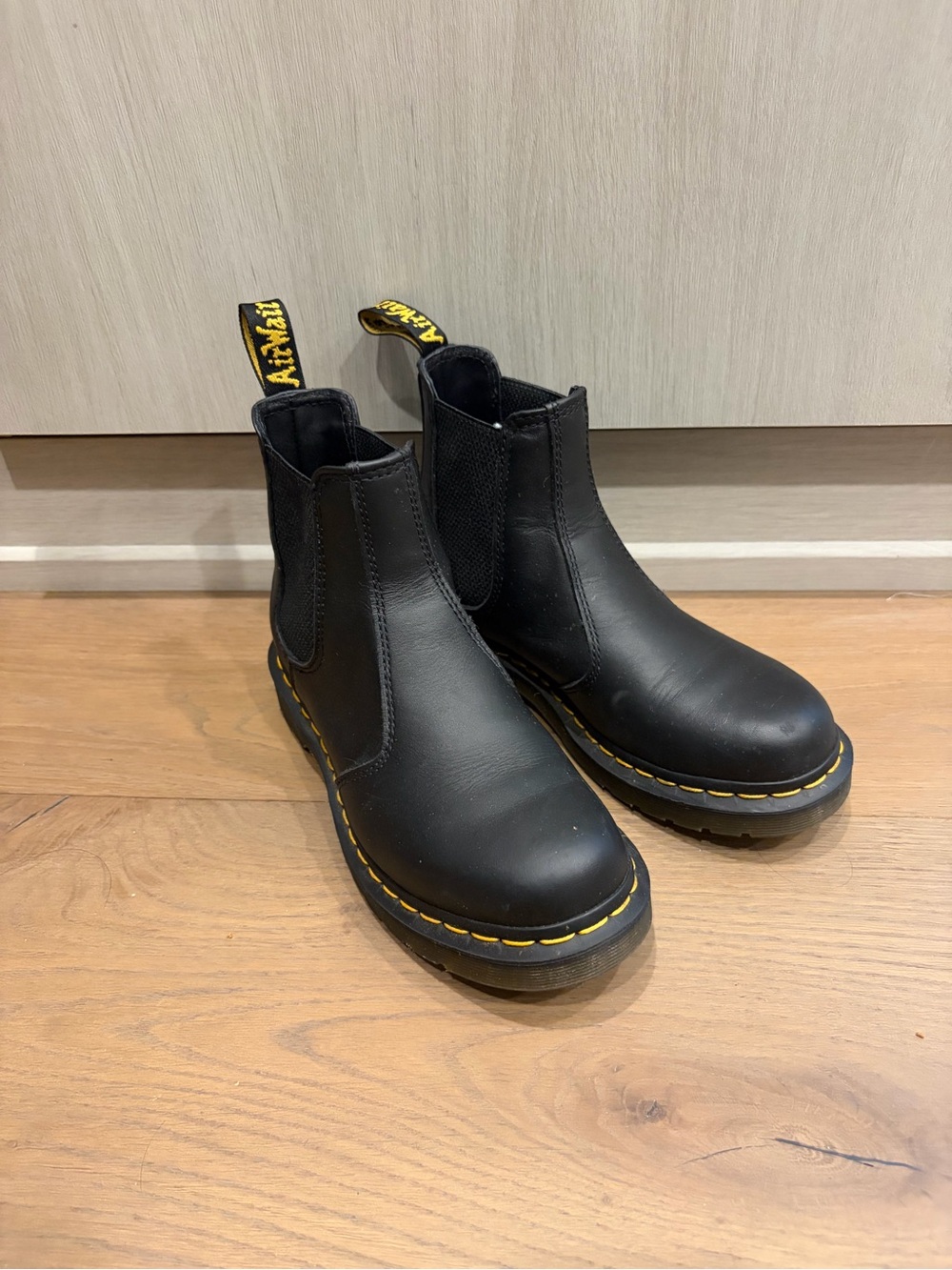 Dr. Martens Black Chelsea Boots with Yellow Stitching and Pull Tabs Size 6
